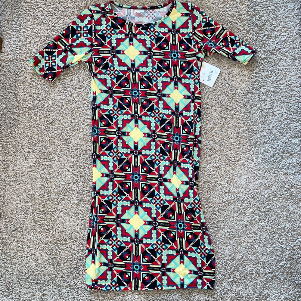 LuLaRoe Julia Fitted Dress Knit Bodycon Multi Colored Geometric Navy Size Large